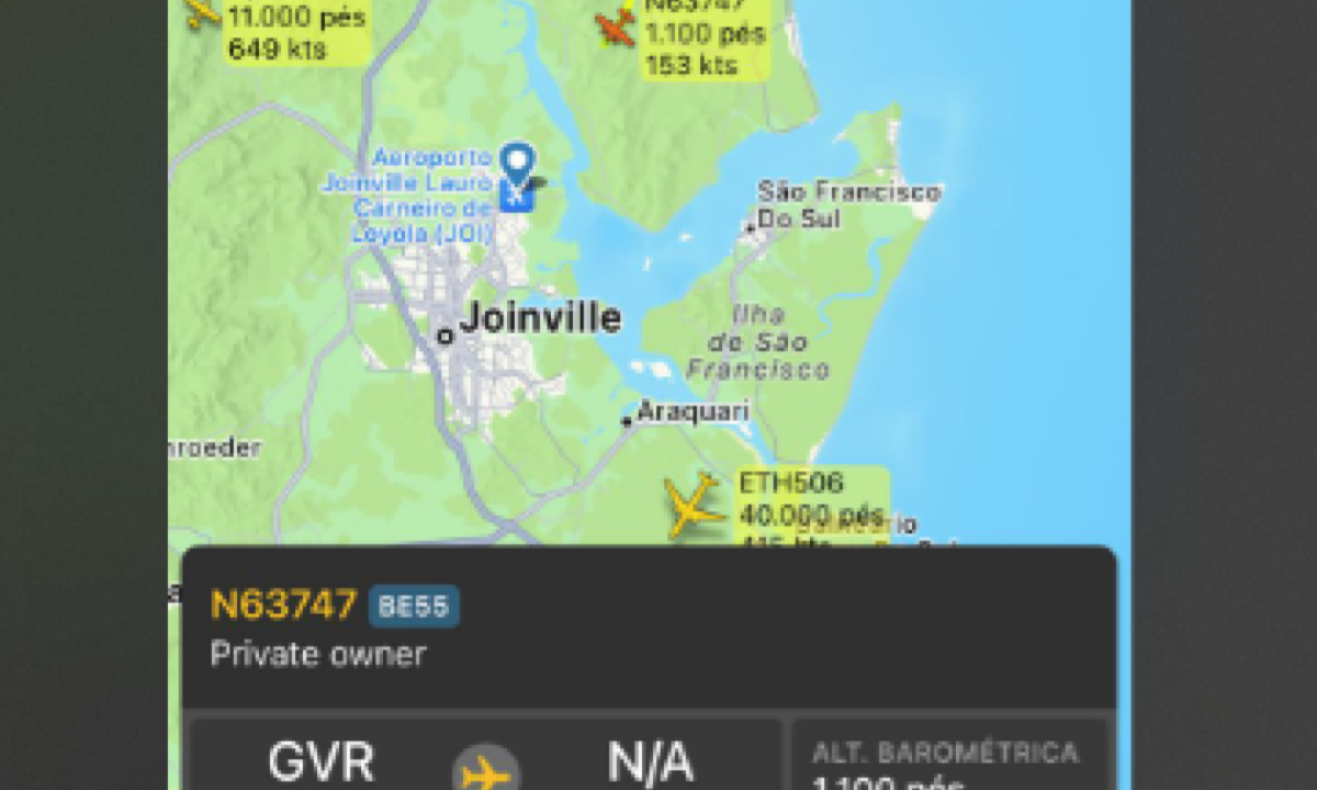 Aeronave sumiu do fly radar bem na serra catarinense  -  (crédito: Flight radar/Reprodução)