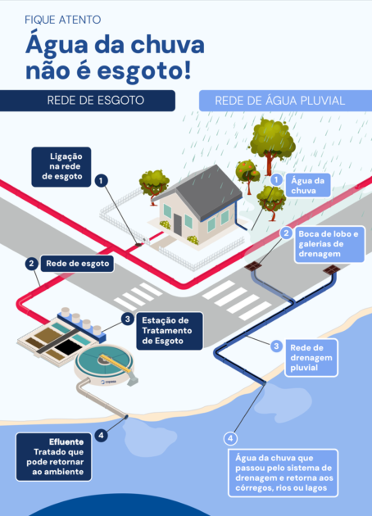 Ilustração que mostra diferença entre rede de esgoto e pluvial