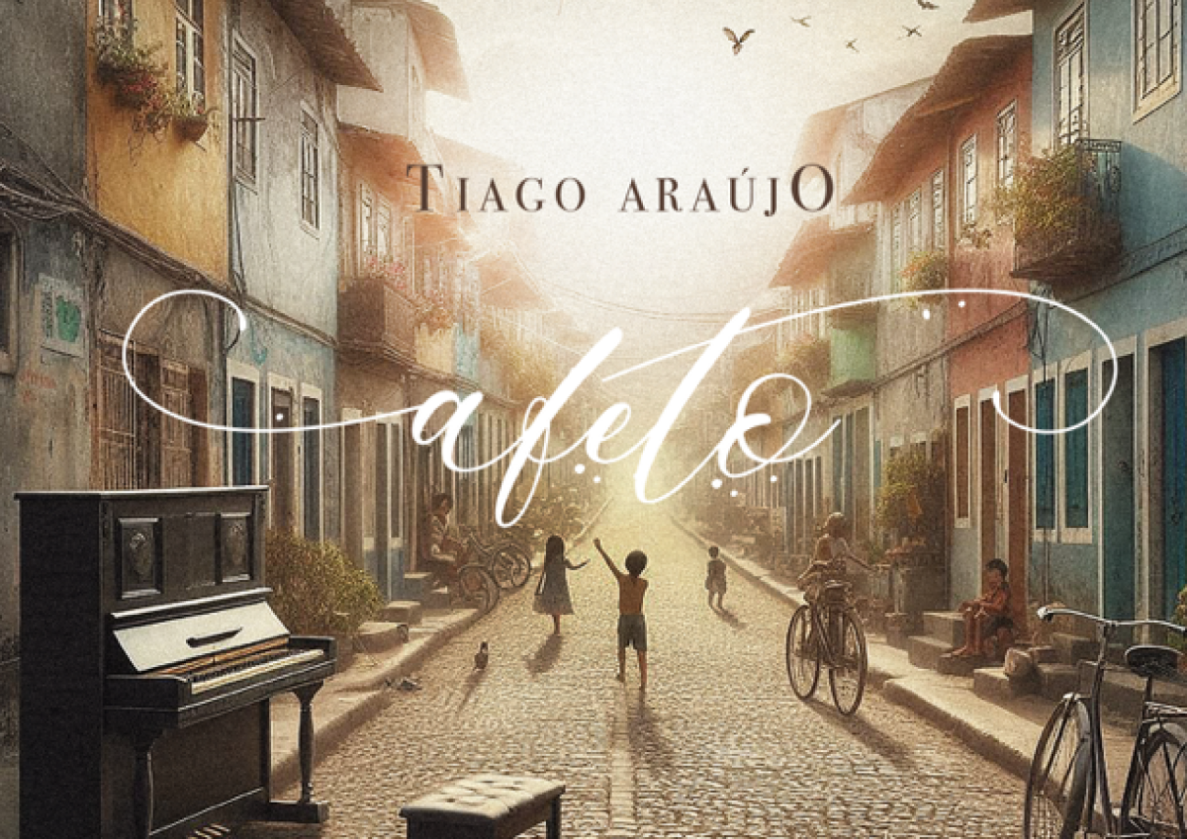 Capa do disco Afeto, de Tiago Araújo, tem imagem de piano no meio da rua