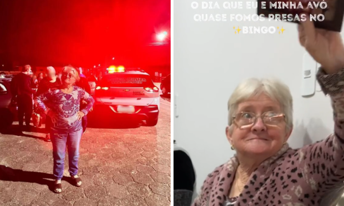 Avó posa para foto em frente à viatura da polícia após ser pega em bingo -  (crédito: Reprodução / TikTok)