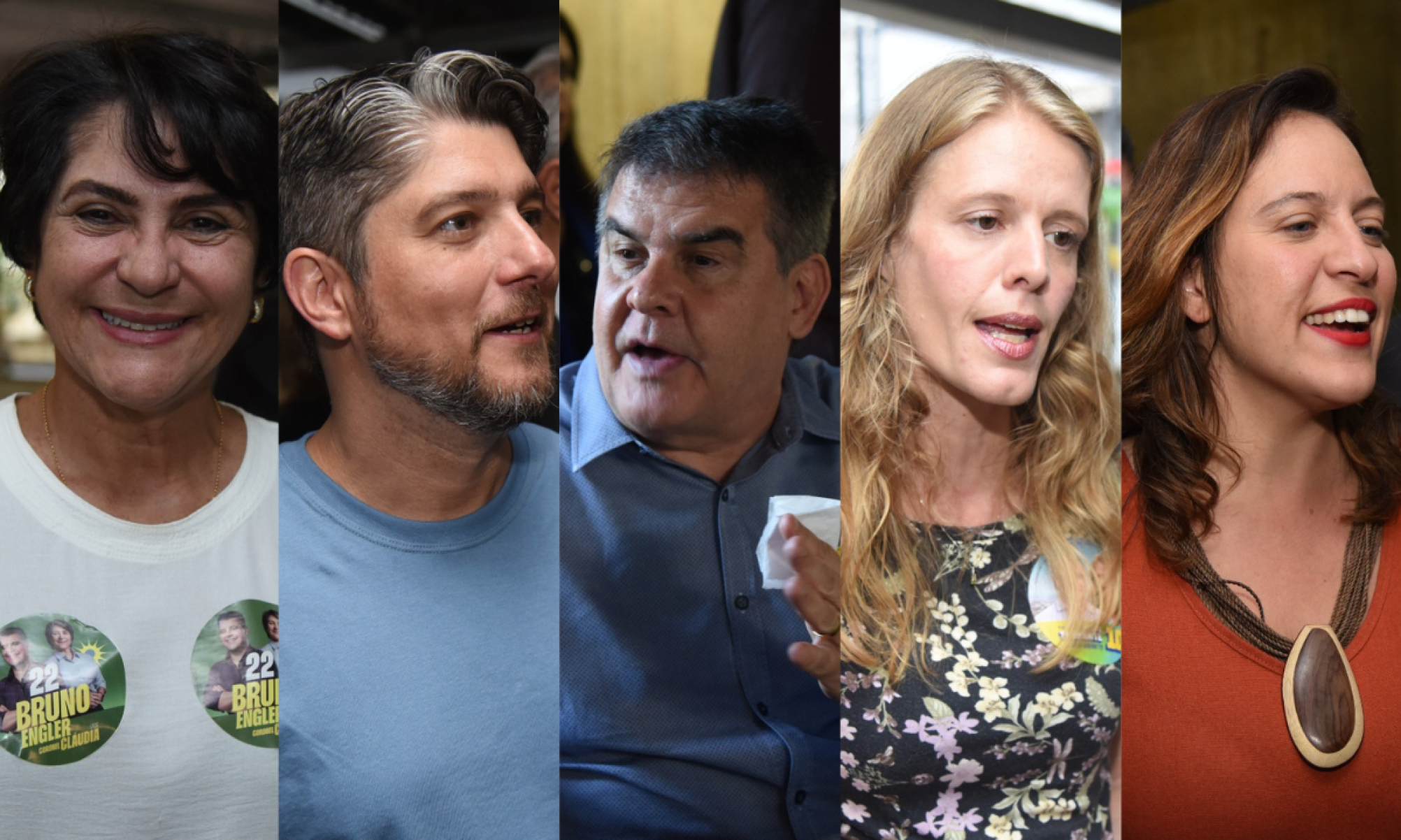 Coronel Cláudia (PL), Francisco Foureaux (PDT), Paulo Brant (PSB), Luísa Barreto (Novo) e Bella Gonçalves (Psol), candidatos a vice-prefeito de Belo Horizonte -  (crédito: Gladyston Rodrigues/EM/D.A. Press)