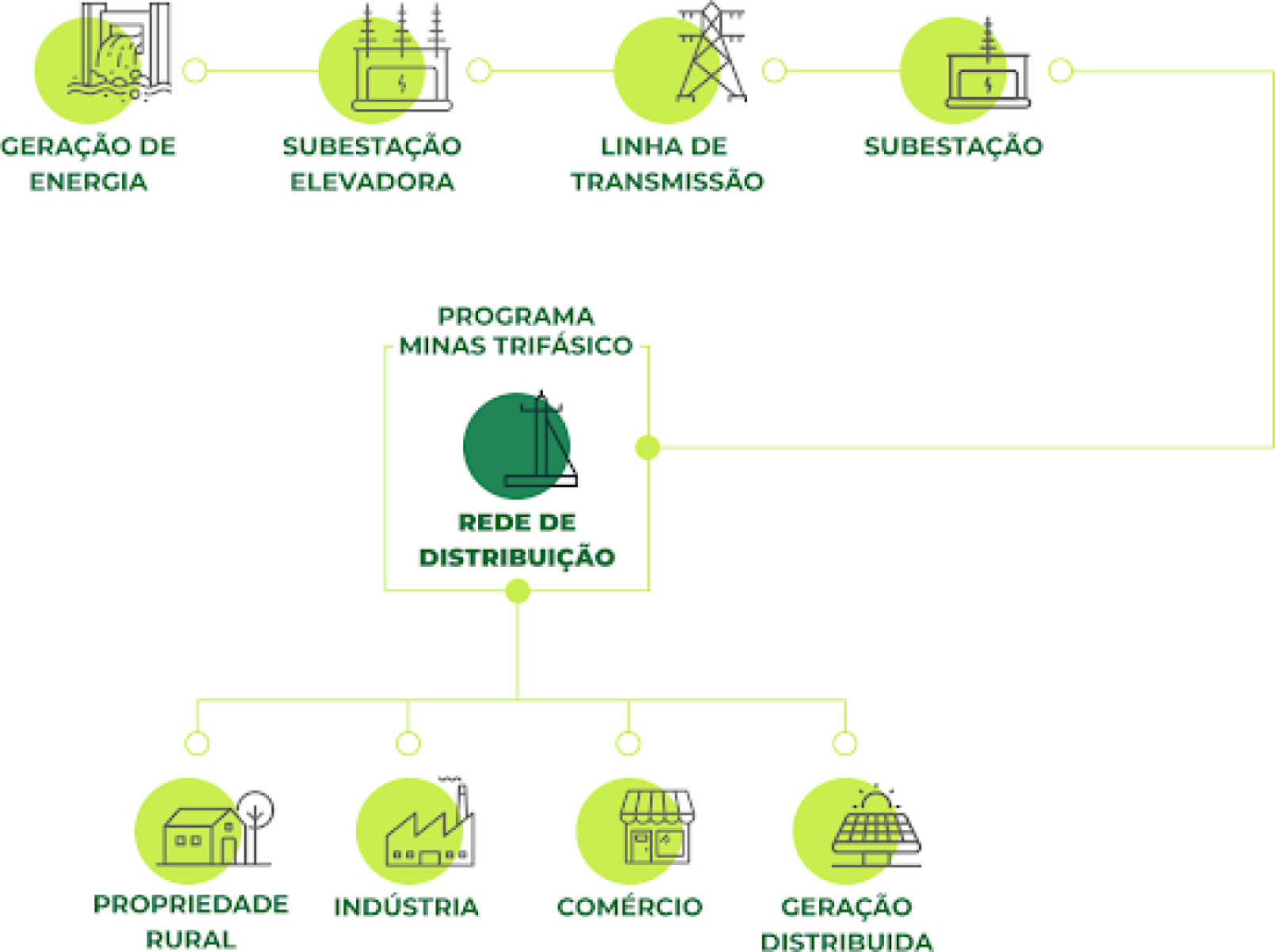 Organograma da distribuição de energia e da atuação do programa Minas Trifásico