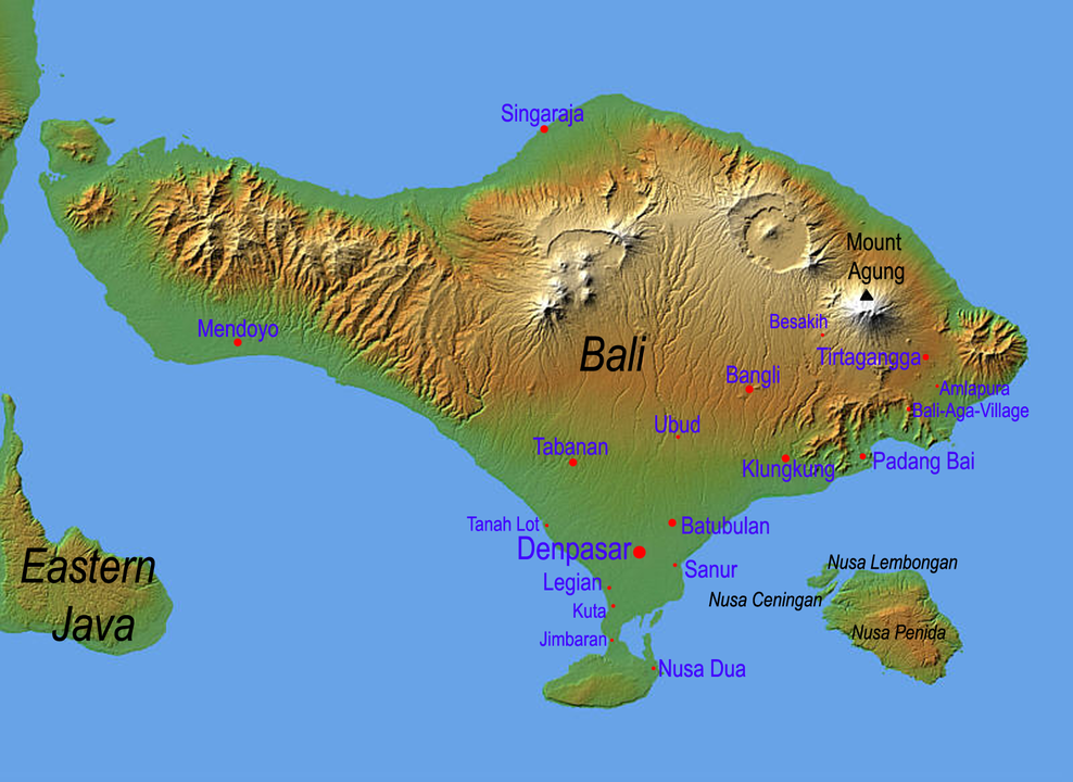 Bali fica situada na extremidade ocidental do arquipélago das Pequenas Ilhas da Sonda, entre as ilhas de Java (a oeste) e de Lomboque (a leste). 