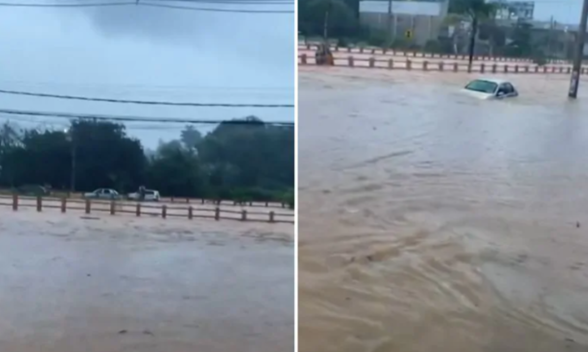 Ocupantes de veículos ficaram ilhados na Avenida Severino Ballesteros Rodrigues, em Contagem -  (crédito: Reprodução/redes sociais)