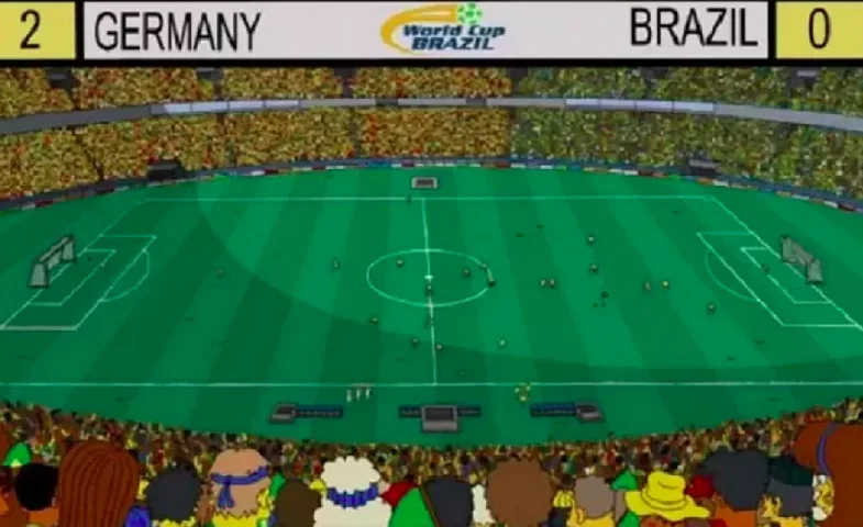 Derrota para a Alemanha na Copa: Na 25ª temporada, exibida entre 2013 e 2014, Homer é chamado para ser árbitro da Copa do Mundo. Em um determinado momento, é mostrado que a Alemanha venceu o Brasil. Pelo menos o placar foi um pouco mais modesto, só 2 x 0.