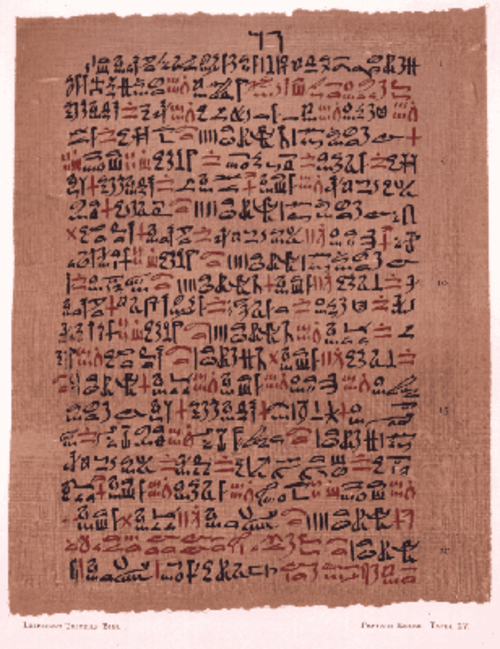 O Papiro Ebers foi escrito no Egito em cerca de 1 550 a.C. tendo mais de 700 fórmulas  e remédios populares além de uma descrição precisa do sistema circulatório. O papiro foi redigido em escrita hierática, que permitia escrever rapidamente, simplificando os hieróglifos. Foi decifrado e é um dos tratados médicos mais antigos e importantes que se conhece. -Domínio público 