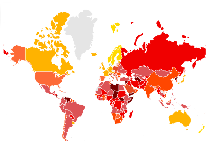  Veja, começando pelo pior de todos, a lista dos 30 países que estão no topo do ranking dos mais corruptos. No mapa, quanto mais escura a tonalidade, maior a corrupção. -Divulgação