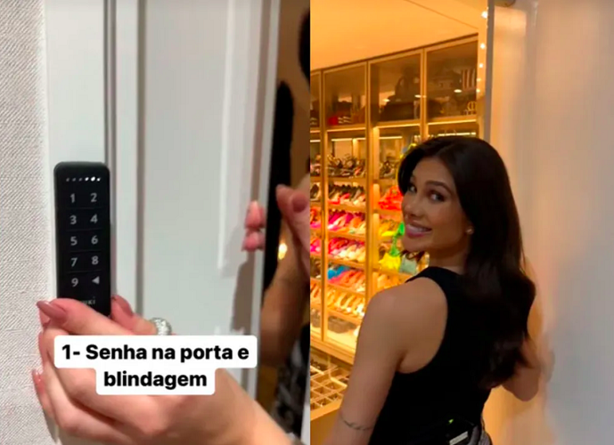 Entre bolsas e sapatos de luxo, um detalhe chamou a atenção do público: o cômodo não só tem uma porta com senha como também é blindado! -reprodução tiktok
