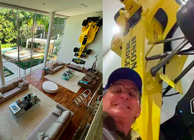 Fórmula 1 na sala: Sabe aquelas pessoas que gostam de colecionar carros? O apresentador Otávio Mesquita levou essa ideia a outro patamar e colocou um carro de Fórmula 1 na parede da sala de casa!-reprodução instagram