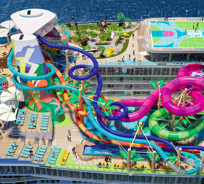 E esse tamanho todo tem motivo. O navio conta com o maior parque aquático marítimo do mundo, com seis toboáguas de tamanho recorde.