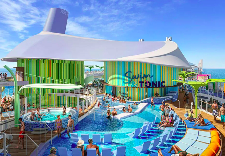 Além disso, são nove banheiras de hidromassagem, sete piscinas, um simulador de surfe e mais de 40 restaurantes, bares e dezenas de áreas de lazer.