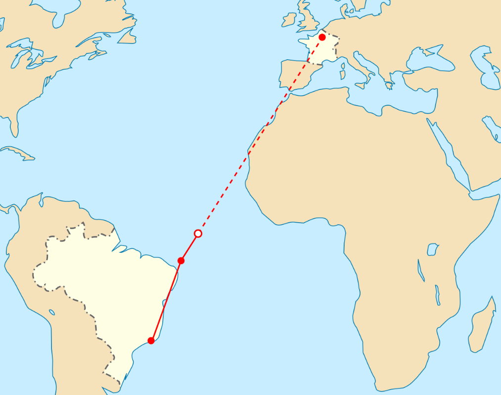 Mas 3 horas e 45 minutos após a decolagem, o avião caiu no mar, a 820 km do arquipélago de Fernando de Noronha. 