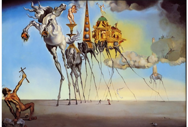 Dalí gostava de pintar temas relacionados a sonhos. Imagens oníricas em que se perde a noção de tempo e espaço. Uma figura recorrente é a do elefante com pernas gigantes, finas, como na tela "A Tentação de Santo Antão". 