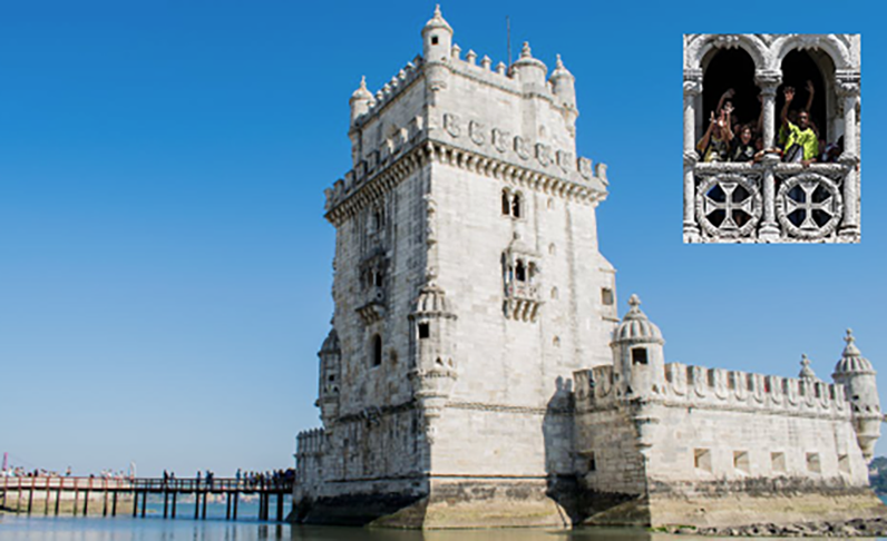 A torre tem 30m de altura, 5 andares, e uma arquitetura em estilo manuelino com influência islâmica, e entalhes de cruzes de Malta, símbolo das naus portuguesas (no detalhe). A construção, ponto turístico imperdível em Belém, é Patrimônio Mundial da Humanidade (Unesco) e uma das Sete Maravilhas de Portugal.-Jeff e Brian wikimedia / Gerd Eichmann pixabay / Montagem Flipar 