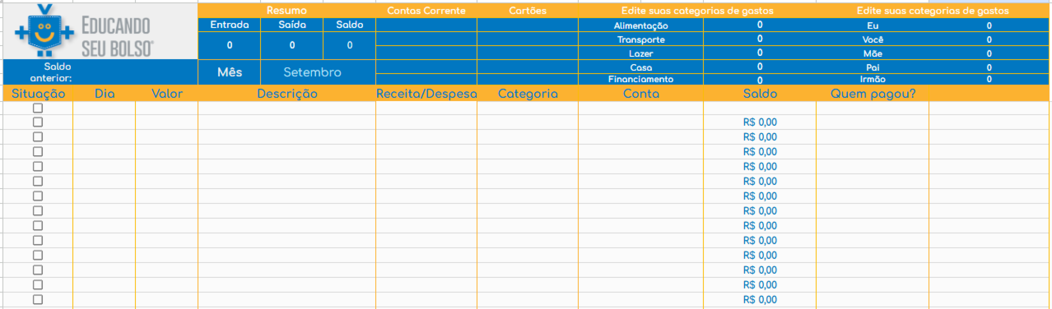 Planilha de orçamento familiar para controlar entradas, saídas, saldo e categorias de gastos.  