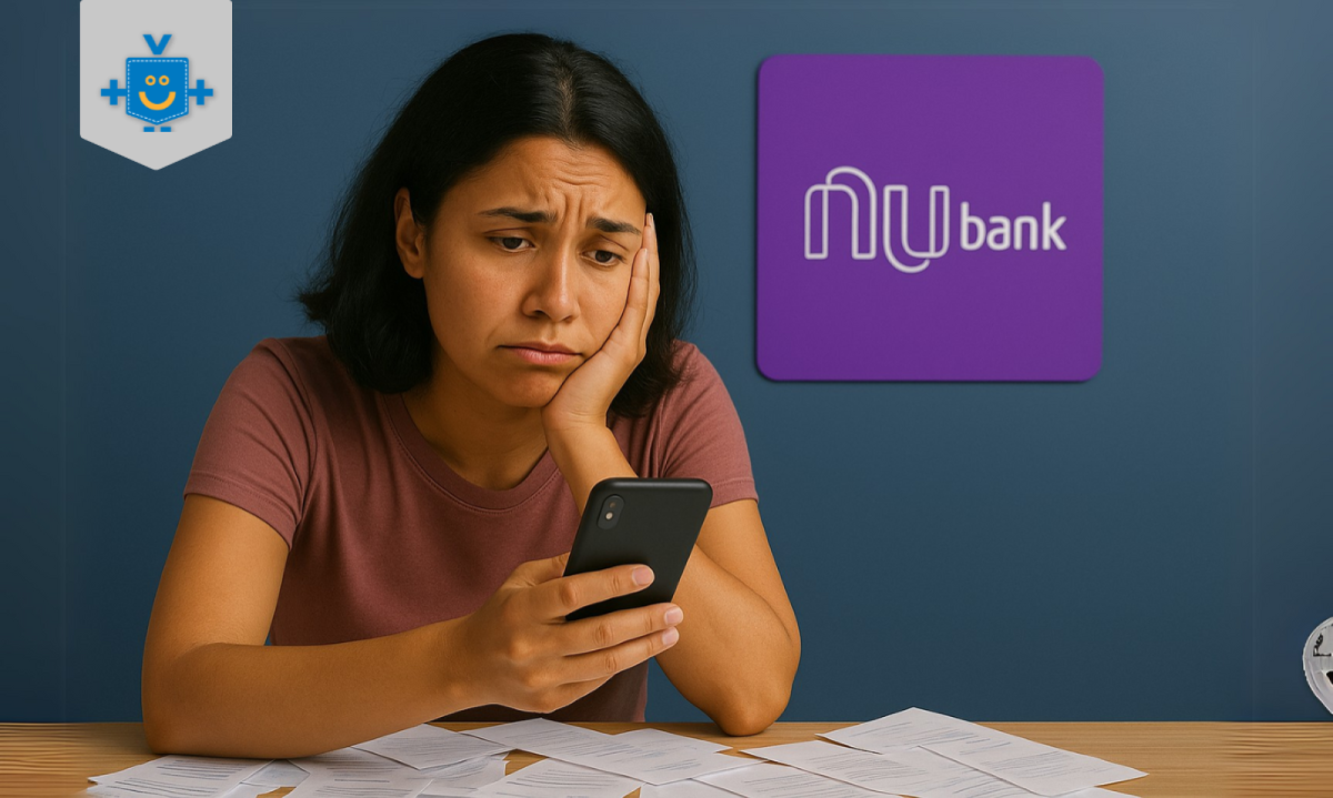 Mulher preocupada olha para o celular ao lado de contas e do logo do Nubank, representando dívidas e renegociação de dívidas.
- (crédito: Reprodução Educando Seu Bolso ) Mulher preocupada olha para o celular ao lado de contas e do logo do Nubank, representando dívidas e renegociação de dívidas.
- (crédito: Reprodução Educando Seu Bolso )