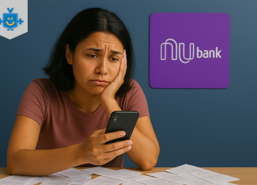 Mulher preocupada olha para o celular ao lado de contas e do logo do Nubank, representando dívidas e renegociação de dívidas.
 -  (crédito: Reprodução Educando Seu Bolso )