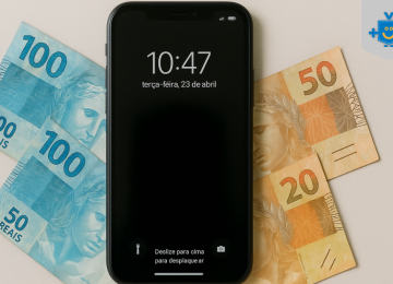 Celular bloqueado cercado por notas de real, simbolizando bloqueio do aparelho por dívida no empréstimo com garantia de celular. 
 -  (crédito: Reprodução Educando seu Bolso)