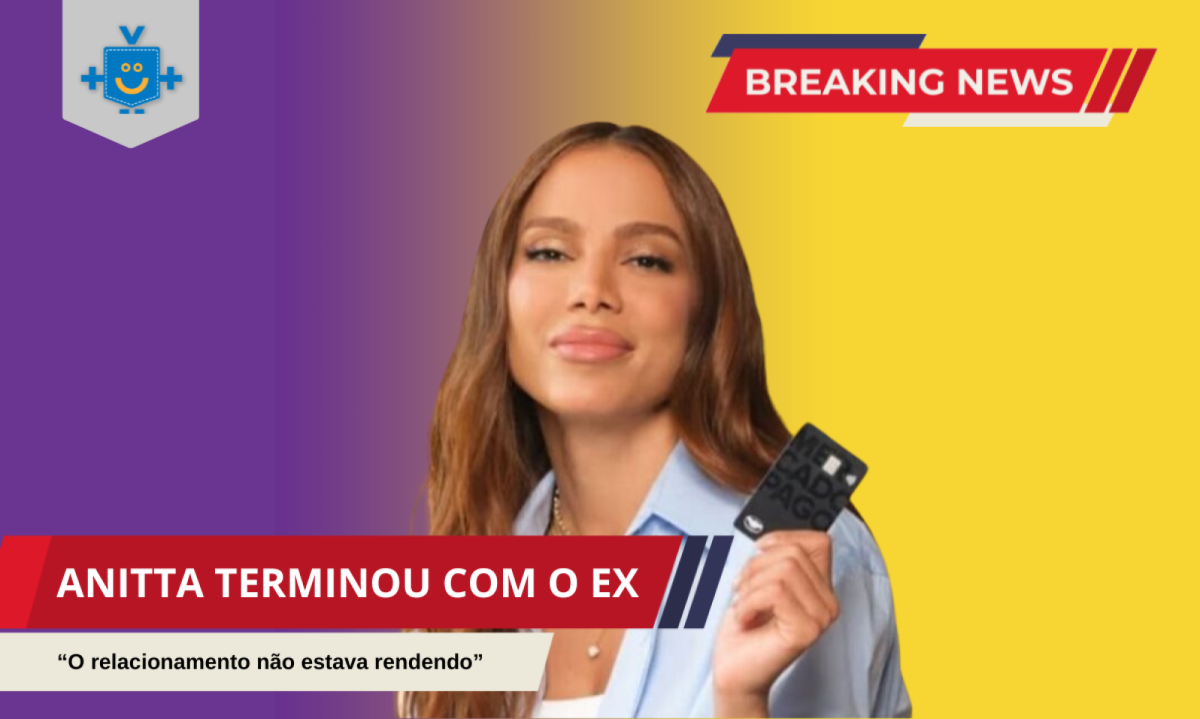 Imagem de Anitta com fundo roxo e amarelo, segurando um cartão do Mercado Pago. Uma faixa vermelha com a manchete: Imagem de Anitta com fundo roxo e amarelo, segurando um cartão do Mercado Pago. Uma faixa vermelha com a manchete: