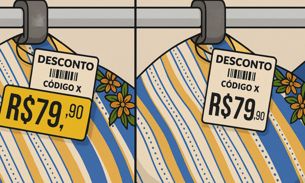 A imagem mostra duas etiquetas de "desconto" com o mesmo valor: R,90. Só que uma está com a placa amarela, chamativa, como se fosse uma grande promoção, e a outra está com uma etiqueta branca, mais discreta. Ambas estão no mesmo produto.
