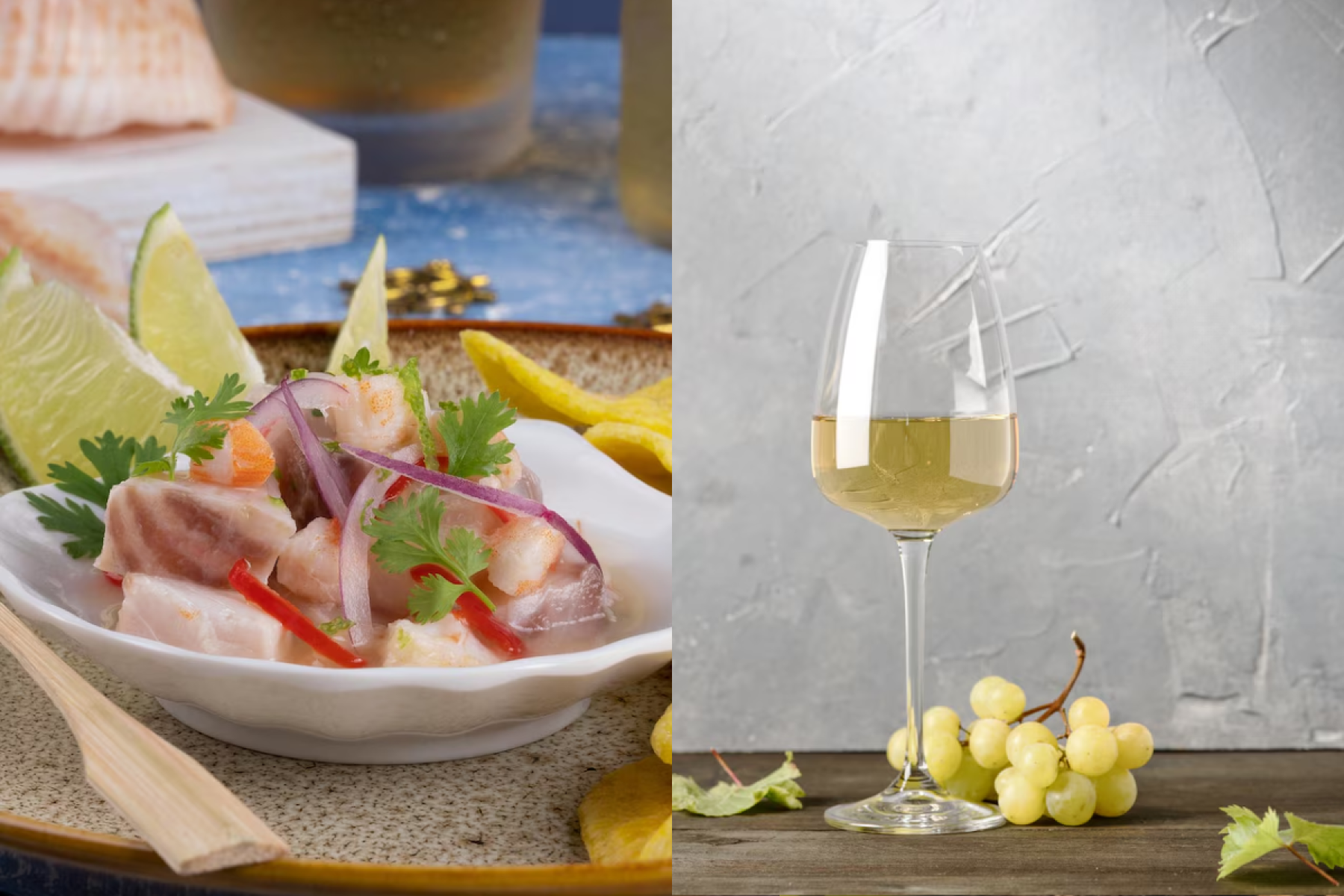 Sauvignon Blanc com ceviche de peixe branco: seus aromas herbáceos e acidez intensa acompanham a marinada cítrica e o frescor do ceviche com perfeição.
