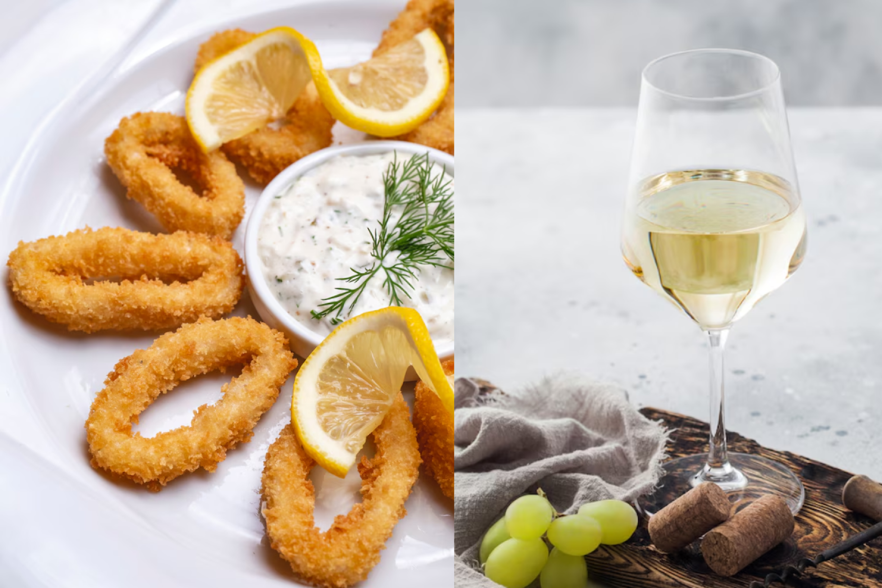 Lambrusco branco com lula à dorê: levemente frisante e de acidez sutil, o Lambrusco branco refresca o paladar e realça a crocância da lula frita.