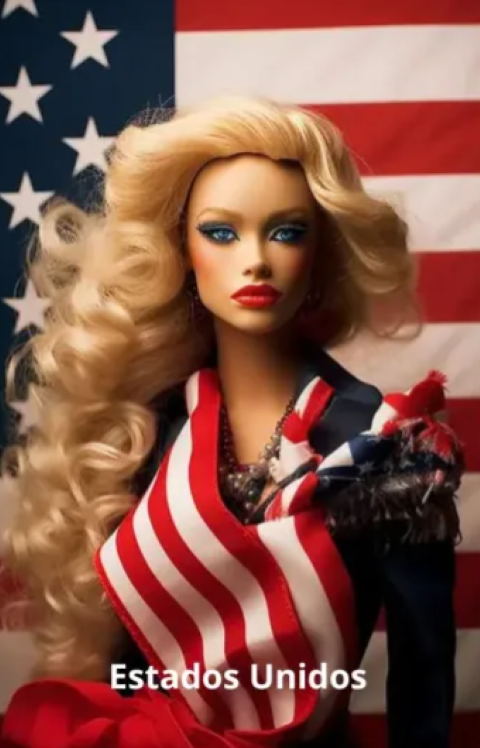 Quando você envia um comando para alguma IA, o resultado é um arquivo. Em texto, no caso do ChatGPT, e em imagem, no caso do Midjourney. Aí está a Barbie americana, envolta na bandeira, e com cabelão de 'pantera' do cinema. -Divulgação