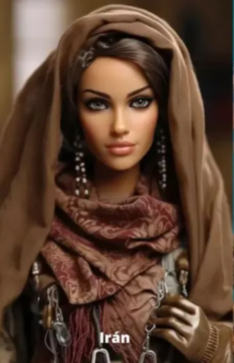 A Barbie iraniana, com o típico véu, foi caracterizada com roupas em tons mais terrosos, além dos traços característicos da região no rosto. -Divulgação