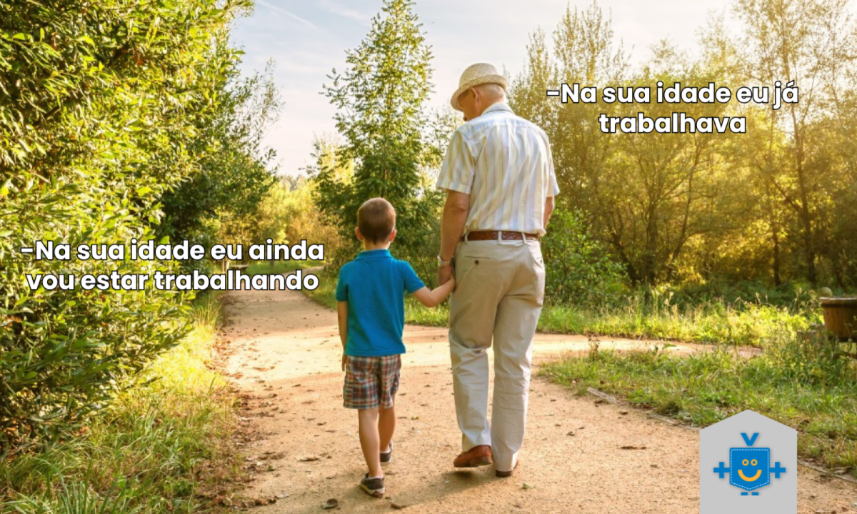 Imagem de um idoso e uma criança caminhando de mãos dadas. O idoso diz: "Na sua idade eu já trabalhava" e a criança responde: "Na sua idade eu ainda vou estar trabalhando", destacando de forma crítica a importância do planejamento financeiro e da previdência privada para garantir um futuro mais tranquilo.
- (crédito: Reprodução Educando Seu Bolso ) Imagem de um idoso e uma criança caminhando de mãos dadas. O idoso diz: "Na sua idade eu já trabalhava" e a criança responde: "Na sua idade eu ainda vou estar trabalhando", destacando de forma crítica a importância do planejamento financeiro e da previdência privada para garantir um futuro mais tranquilo.
- (crédito: Reprodução Educando Seu Bolso )