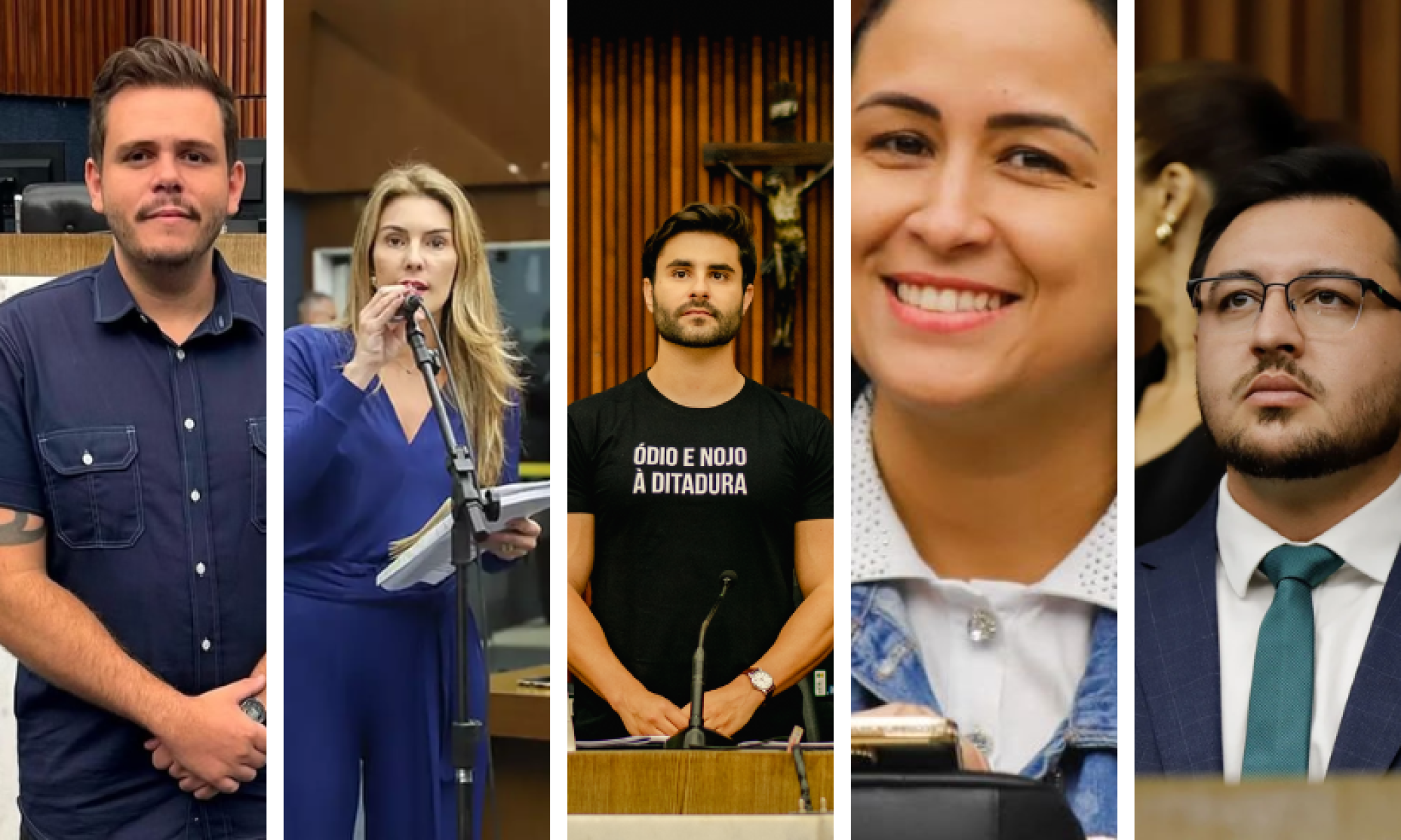 Vereadores com mais seguidores nas redes. São eles: Vile, Flávia Borja, Pedro Rousseff, Michelly Siqueira e Pablo Almeida