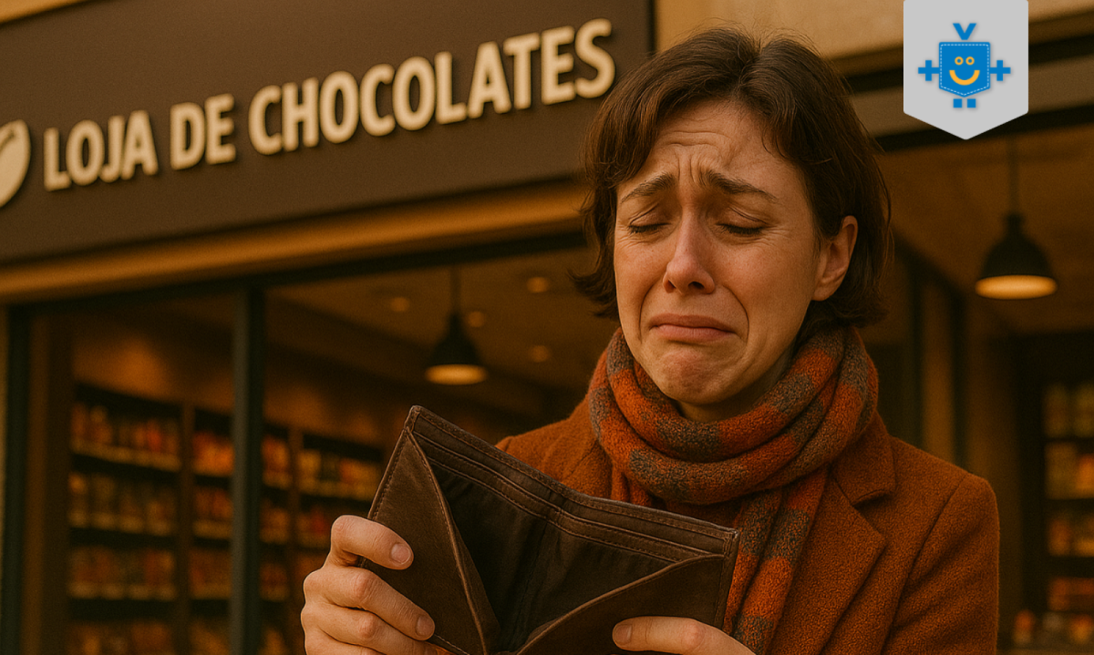 Mulher chorando com a carteira vazia em frente a uma loja de chocolates, simbolizando o prejuízo financeiro ao investir em franquias baratas. - (crédito: Reprodução Educando seu Bolso) Mulher chorando com a carteira vazia em frente a uma loja de chocolates, simbolizando o prejuízo financeiro ao investir em franquias baratas. - (crédito: Reprodução Educando seu Bolso)