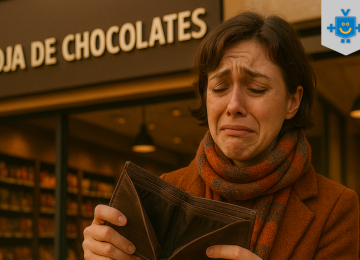 Mulher chorando com a carteira vazia em frente a uma loja de chocolates, simbolizando o prejuízo financeiro ao investir em franquias baratas. -  (crédito: Reprodução Educando seu Bolso)