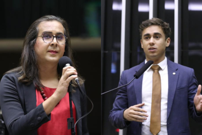 'Aguardando meu pix', disparou Duda para Nikolas -  (crédito: Zeca Ribeiro e Kayo Magalhães/Câmara dos Deputados)