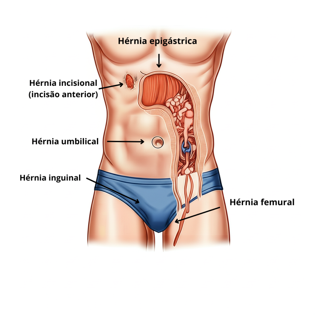 Tipos mais comuns de hérnias da parede abdominal Tipos mais comuns de hérnias da parede abdominal