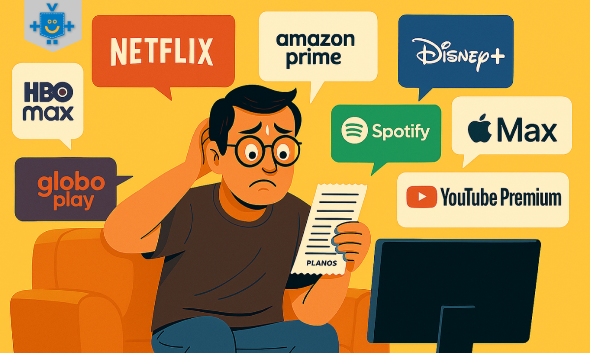 Homem preocupado analisa os custos de múltiplos streamings no sofá, rodeado por logos como Netflix, Prime e Spotify.
- (crédito: Reprodução Educando seu Bolso) Homem preocupado analisa os custos de múltiplos streamings no sofá, rodeado por logos como Netflix, Prime e Spotify.
- (crédito: Reprodução Educando seu Bolso)