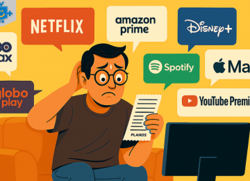 Homem preocupado analisa os custos de múltiplos streamings no sofá, rodeado por logos como Netflix, Prime e Spotify.
- (crédito: Reprodução Educando seu Bolso) Homem preocupado analisa os custos de múltiplos streamings no sofá, rodeado por logos como Netflix, Prime e Spotify.
- (crédito: Reprodução Educando seu Bolso)