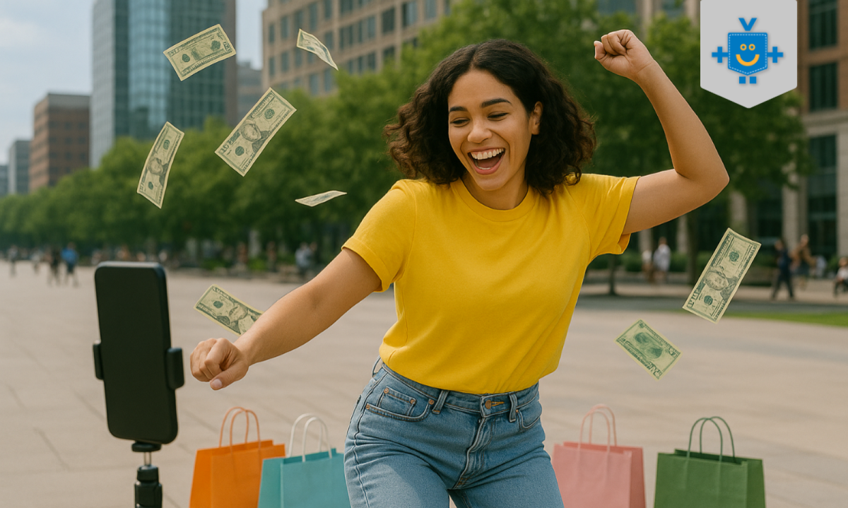 ovem grava vídeo dançando para o TikTok Shop, cercada por sacolas de compras e notas de dinheiro, simbolizando o sucesso nas vendas online.
 -  (crédito: Repdrodução Educando Seu Bolso )