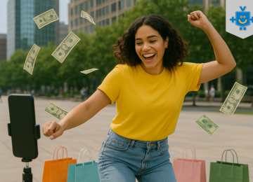 ovem grava vídeo dançando para o TikTok Shop, cercada por sacolas de compras e notas de dinheiro, simbolizando o sucesso nas vendas online.
 -  (crédito: Repdrodução Educando Seu Bolso )