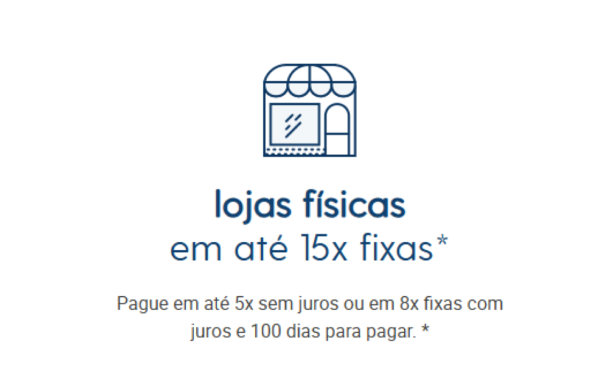 Imagem das condições de um cartão de loja escrito: lojas físicas em até 15 vezes fixas. Pague em até 5 vezes sem juros ou 8 vezes fixas e 100 dias para pagar. 