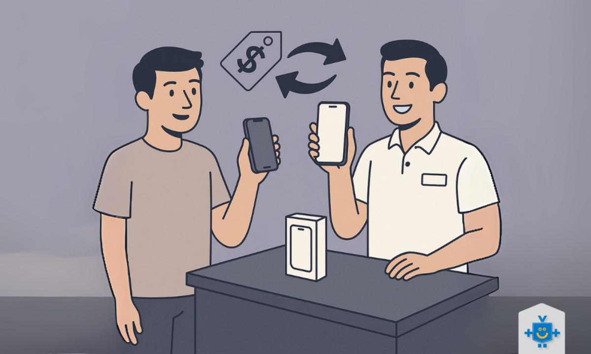A imagem desenhada mostra um atendente sorridente segurando um celular e o cliente entregando seu aparelho antigo para o programa de troca de celular. - (crédito: Reprodução Educando seu Bolso) A imagem desenhada mostra um atendente sorridente segurando um celular e o cliente entregando seu aparelho antigo para o programa de troca de celular. - (crédito: Reprodução Educando seu Bolso)