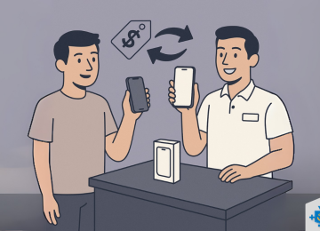 A imagem desenhada mostra um atendente sorridente segurando um celular e o cliente entregando seu aparelho antigo para o programa de troca de celular. -  (crédito: Reprodução Educando seu Bolso)