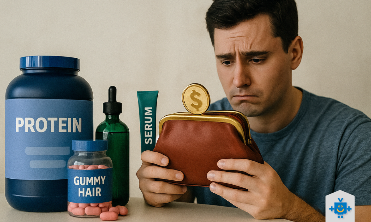 Jovem preocupado observa sua carteira vazia ao lado de suplementos e produtos de beleza como proteína, gummy hair e sérum, representando os altos custos com autocuidado e estética.  -  (crédito: Reprodução Educando seu Bolso)