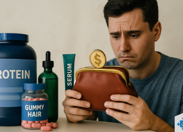 Jovem preocupado observa sua carteira vazia ao lado de suplementos e produtos de beleza como proteína, gummy hair e sérum, representando os altos custos com autocuidado e estética.  -  (crédito: Reprodução Educando seu Bolso)