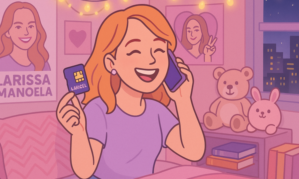 Jovem sorridente em quarto decorado com pôsteres da Larissa Manoela fala ao celular enquanto segura um chip da operadora de celular Laricel.
- (crédito: Reprodução Educando seu Bolso ) Jovem sorridente em quarto decorado com pôsteres da Larissa Manoela fala ao celular enquanto segura um chip da operadora de celular Laricel.
- (crédito: Reprodução Educando seu Bolso )