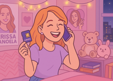 Jovem sorridente em quarto decorado com pôsteres da Larissa Manoela fala ao celular enquanto segura um chip da operadora de celular Laricel.









 -  (crédito: Reprodução Educando seu Bolso )