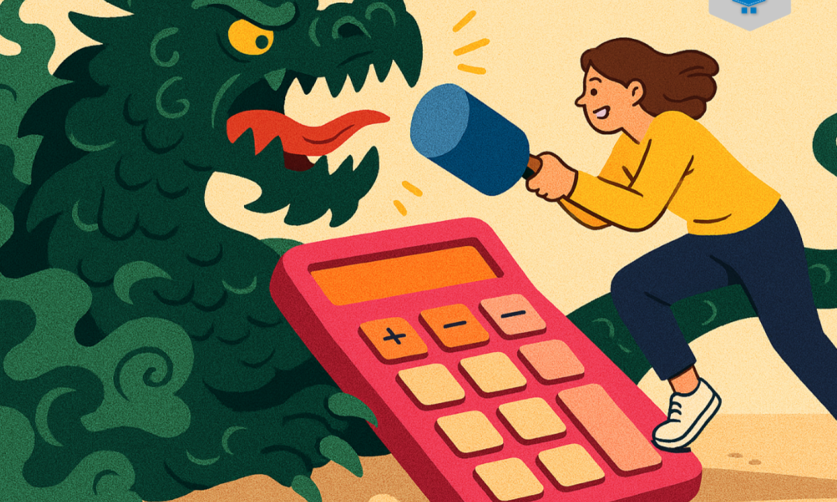 A imagem mostra o desenho de uma mulher domando um dragão com a calculadora ao seu lado, simbolizando as facilidades de usar o Simulador de Amortização -  (crédito: Reprodução Educando seu Bolso)