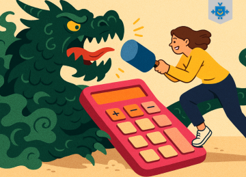 A imagem mostra o desenho de uma mulher domando um dragão com a calculadora ao seu lado, simbolizando as facilidades de usar o Simulador de Amortização -  (crédito: Reprodução Educando seu Bolso)