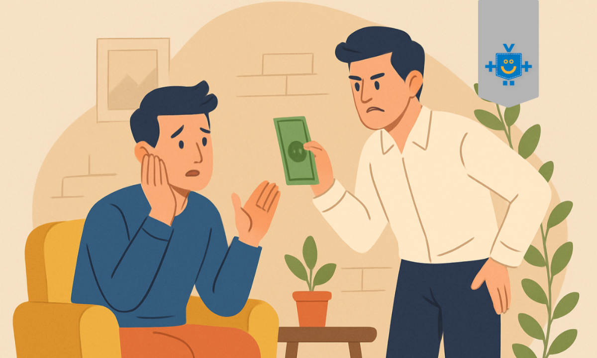 Desenho de dois amigos, um com cara de preocupado e o outro fazendo papel de amigo agiota entregando o dinheiro.
- (crédito: Reprodução Educando seu Bolso | Imagem gerada com IA) Desenho de dois amigos, um com cara de preocupado e o outro fazendo papel de amigo agiota entregando o dinheiro.
- (crédito: Reprodução Educando seu Bolso | Imagem gerada com IA)