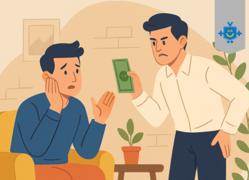 Desenho de dois amigos, um com cara de preocupado e o outro fazendo papel de amigo agiota entregando o dinheiro.
 -  (crédito: Reprodução Educando seu Bolso | Imagem gerada com IA)