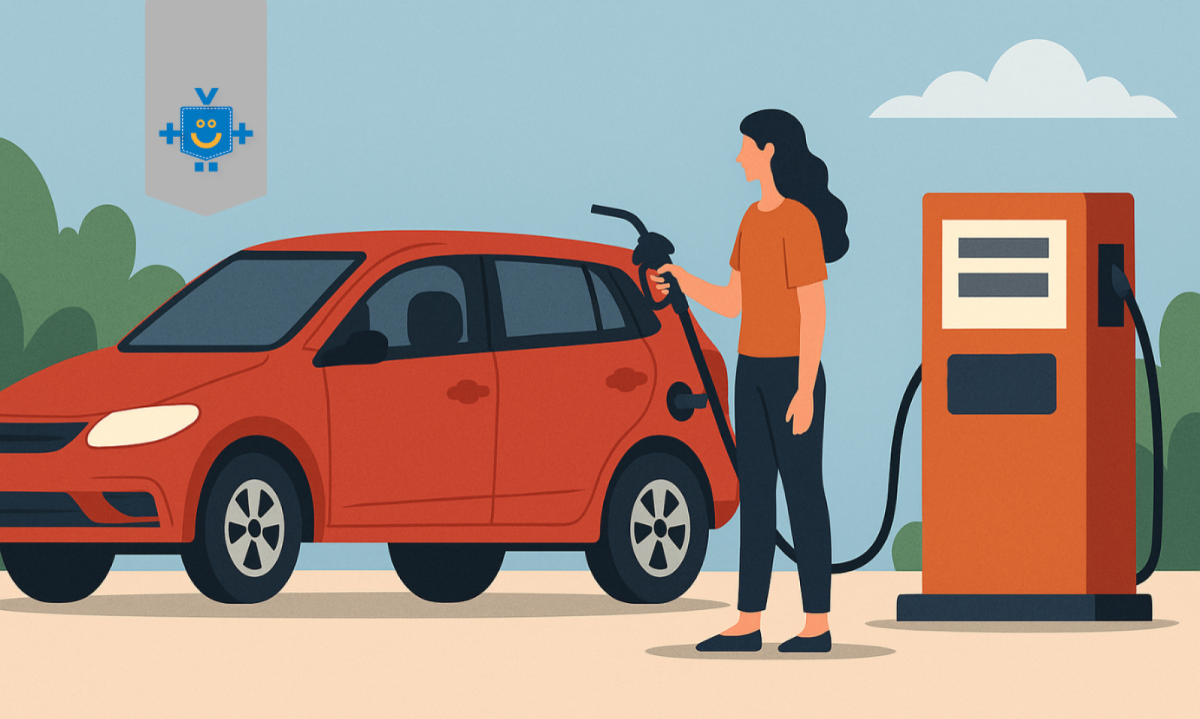 Ilustração de uma mulher abastecendo um carro vermelho em um posto, representando o uso do simulador de combustível para escolher entre gasolina e etanol de forma econômica. - (crédito: Reprodução Educando seu Bolso) Ilustração de uma mulher abastecendo um carro vermelho em um posto, representando o uso do simulador de combustível para escolher entre gasolina e etanol de forma econômica. - (crédito: Reprodução Educando seu Bolso)